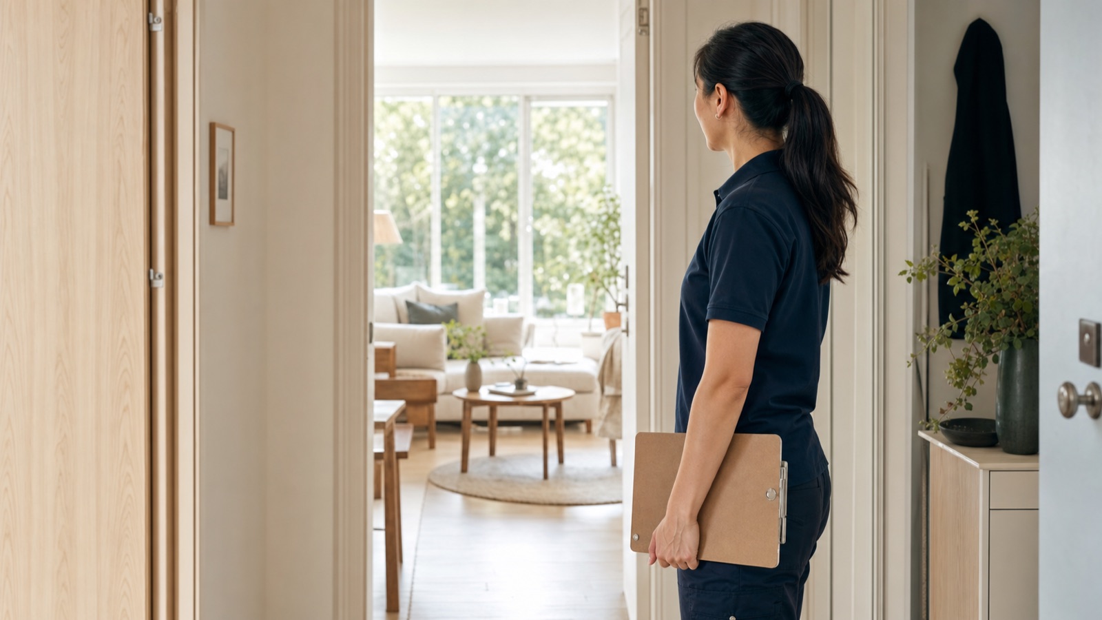 Professional cleaner with a clipboard in a bright home