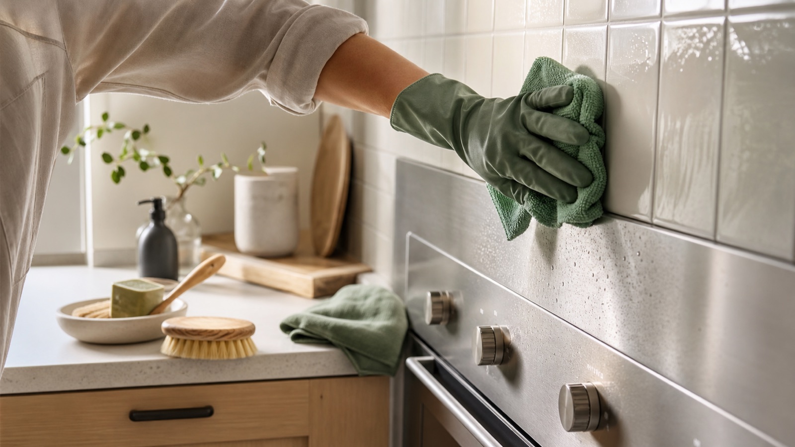 Gloved hand wiping kitchen tiles with a microfiber cloth