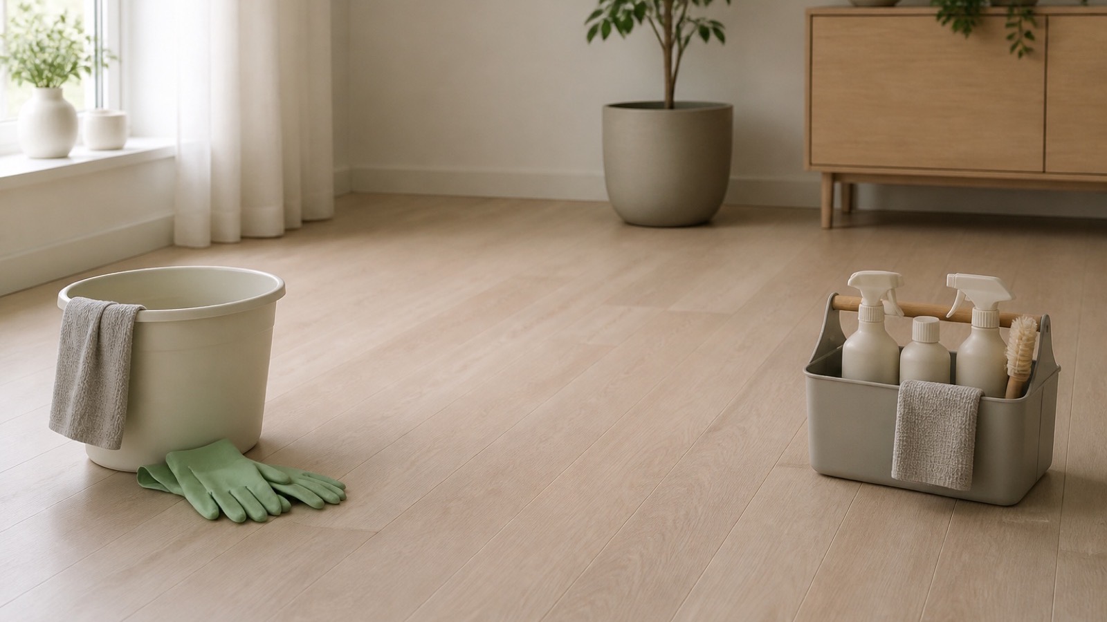 A bucket and gloves on one side, a professional cleaning caddy on the other, in an empty room