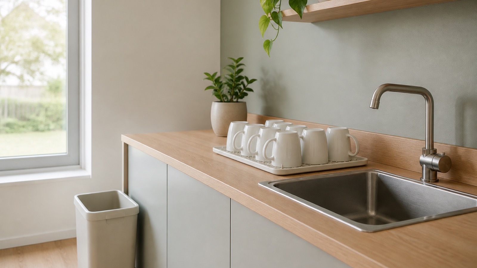 A cleaned office kitchenette with a wiped worktop, empty sink and clean mugs drying