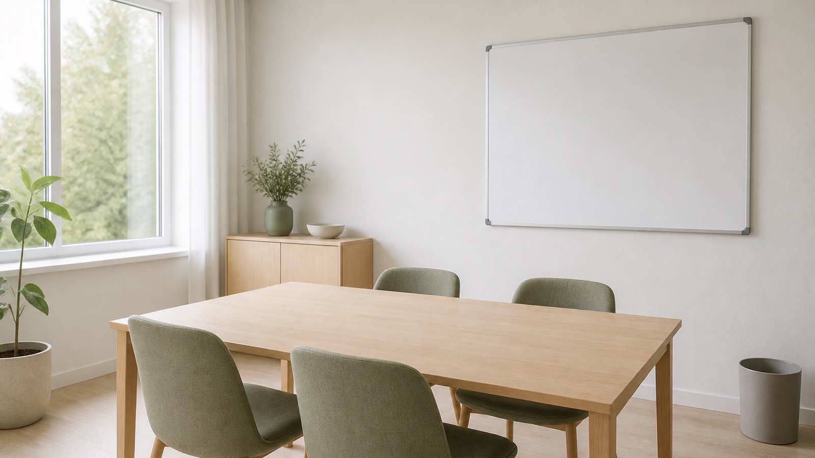 A cleaned meeting room with an empty table, tucked-in chairs and a blank whiteboard