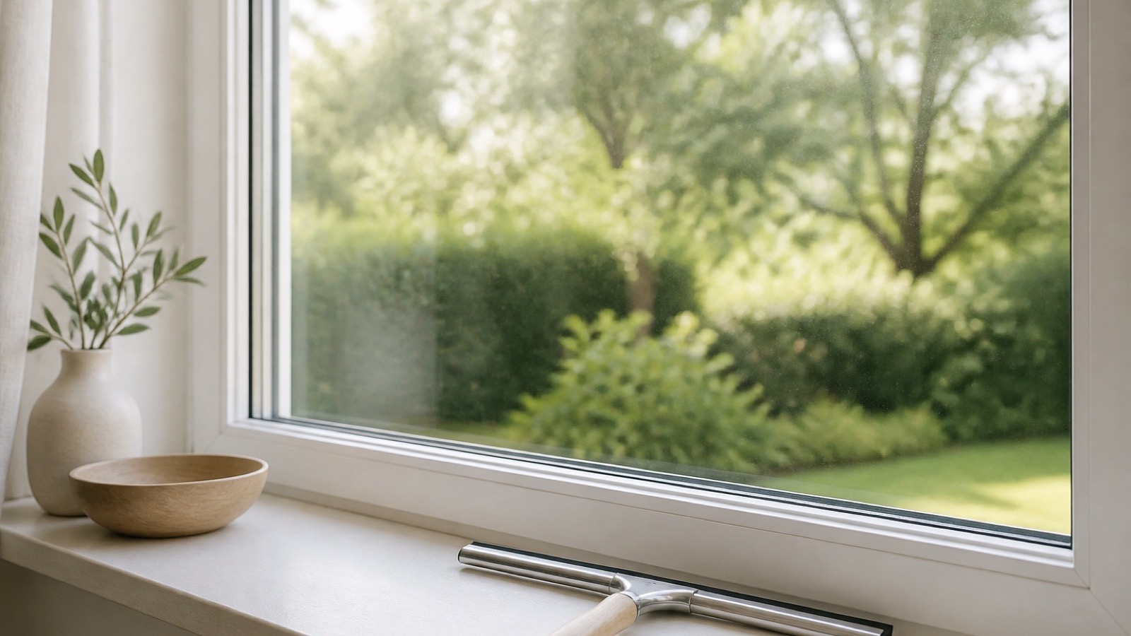 Close view of a clean window pane against the light, with a squeegee on the sill