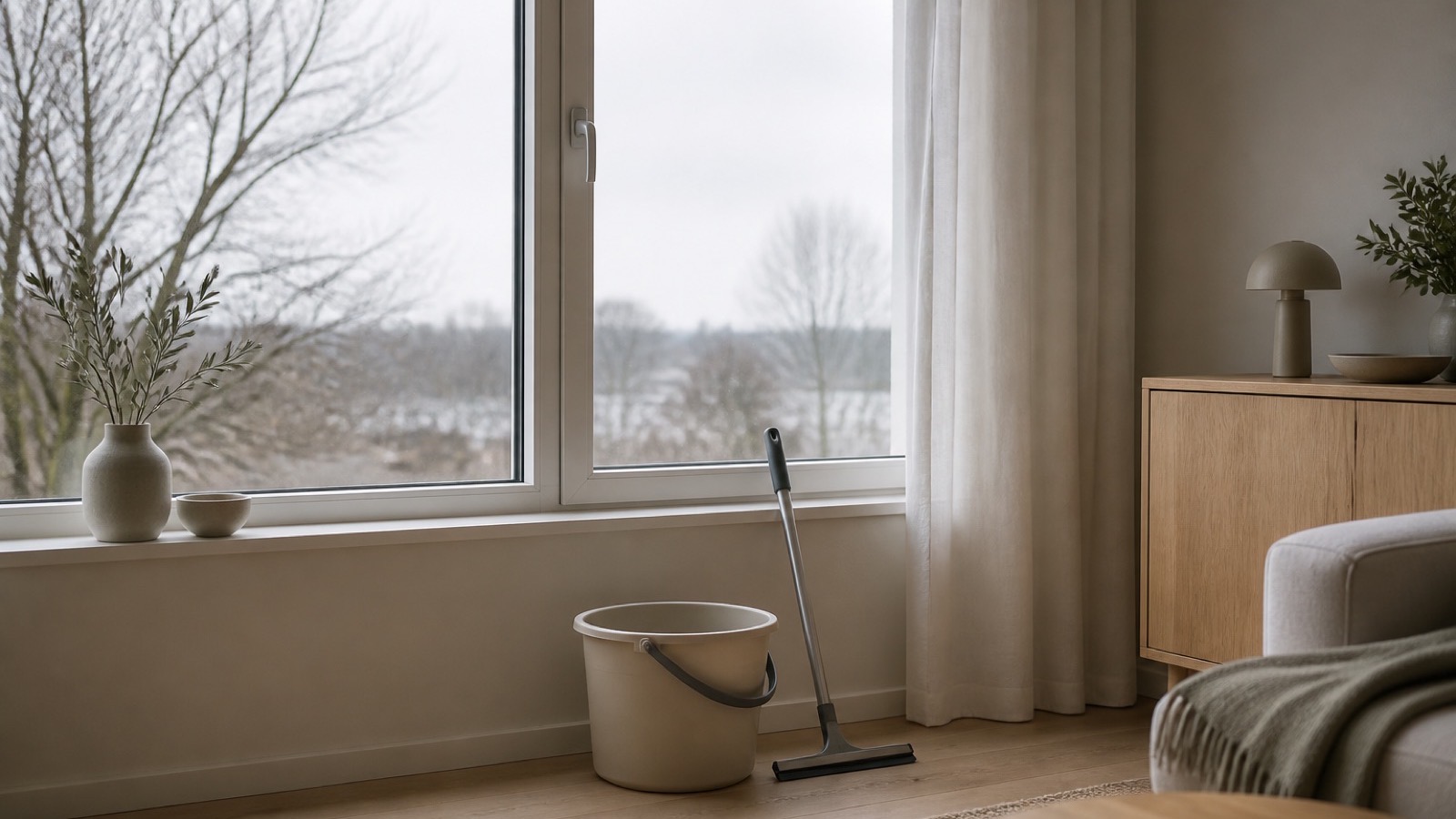 A window on an overcast day with a bucket and squeegee below – the best weather for cleaning